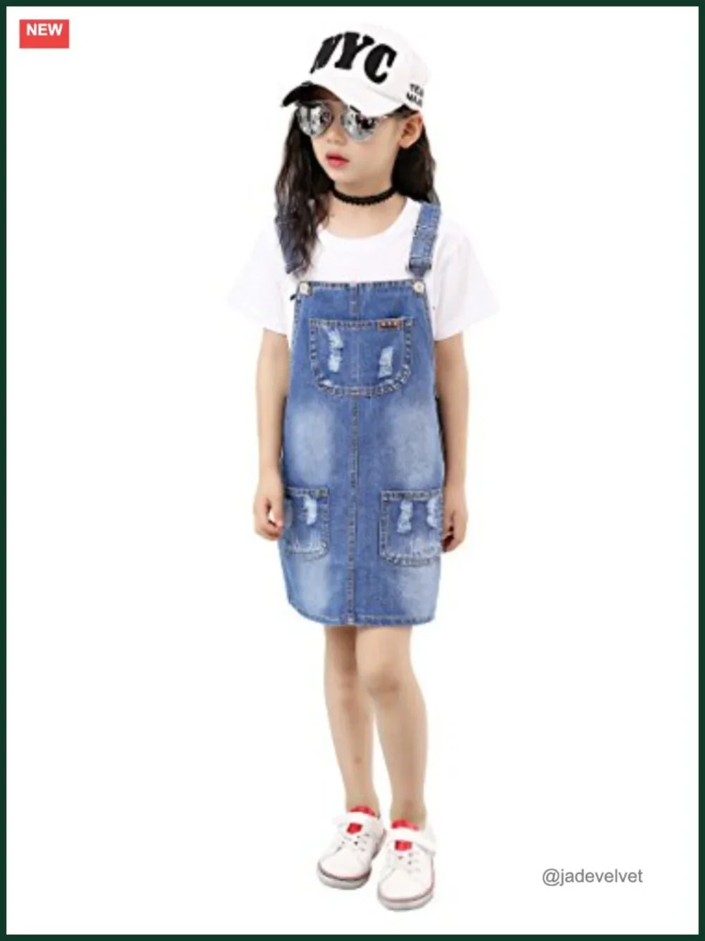 Girls Denim Overall Dress Ripped Jeans Jumper A-Line